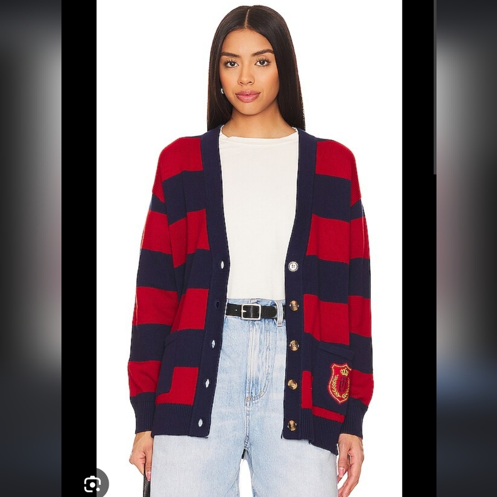 NWT The Upside Roosevelt Varsity Piper Cardigan in Stripe Red Blue
